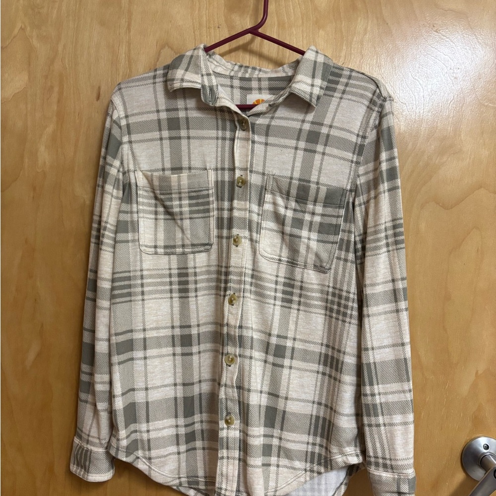 C&C California Beige and Gray Plaid Women's Button Down Shirt